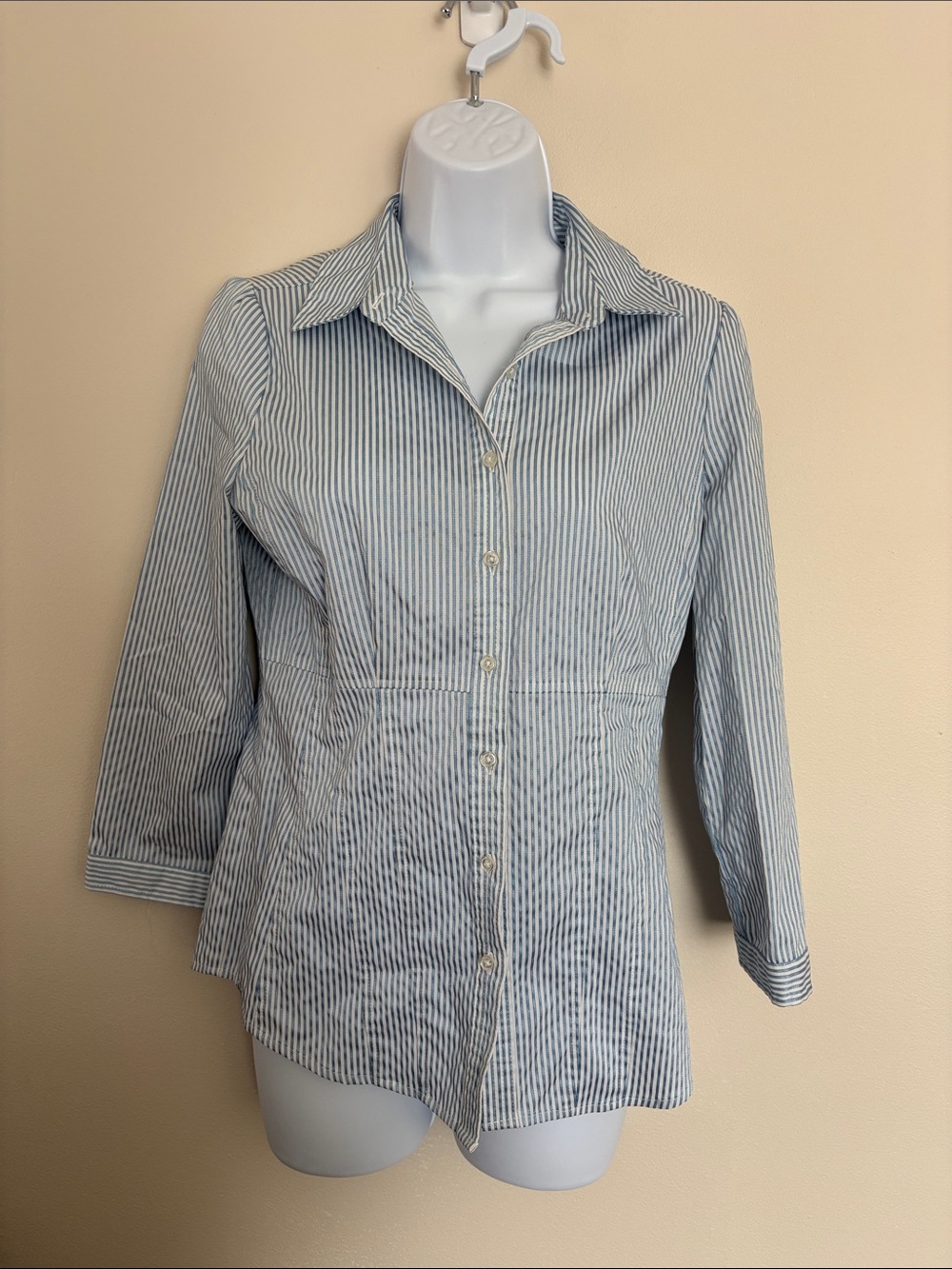 New York & Company Blue and White Striped Button-Down Shirt